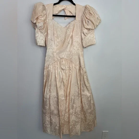 Romantic champagne vintage dress puffy sleeves lace cottagecore tulle - Picture 3 of 16